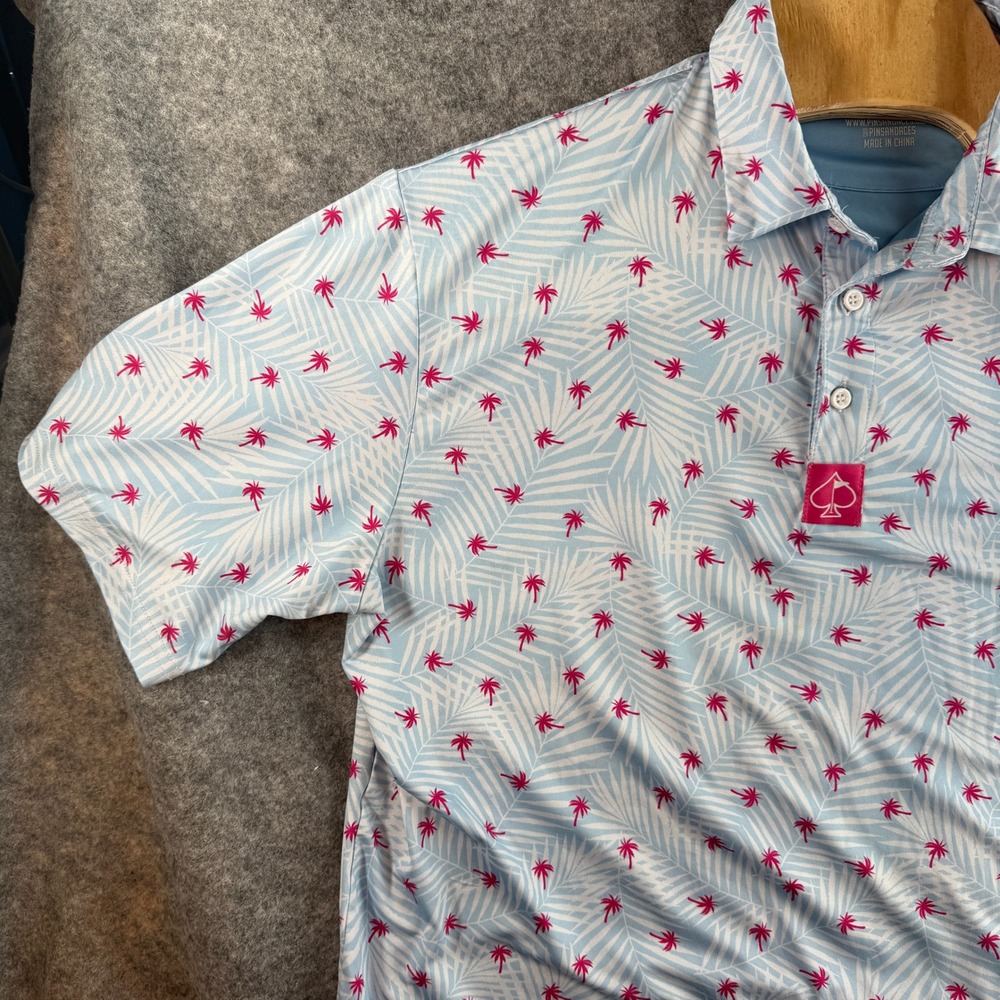 Pins & Aces Polo Shirt Men XXL Blue Pink Tropical Palm Tree Performance Golf Tee - Picture 5 of 13